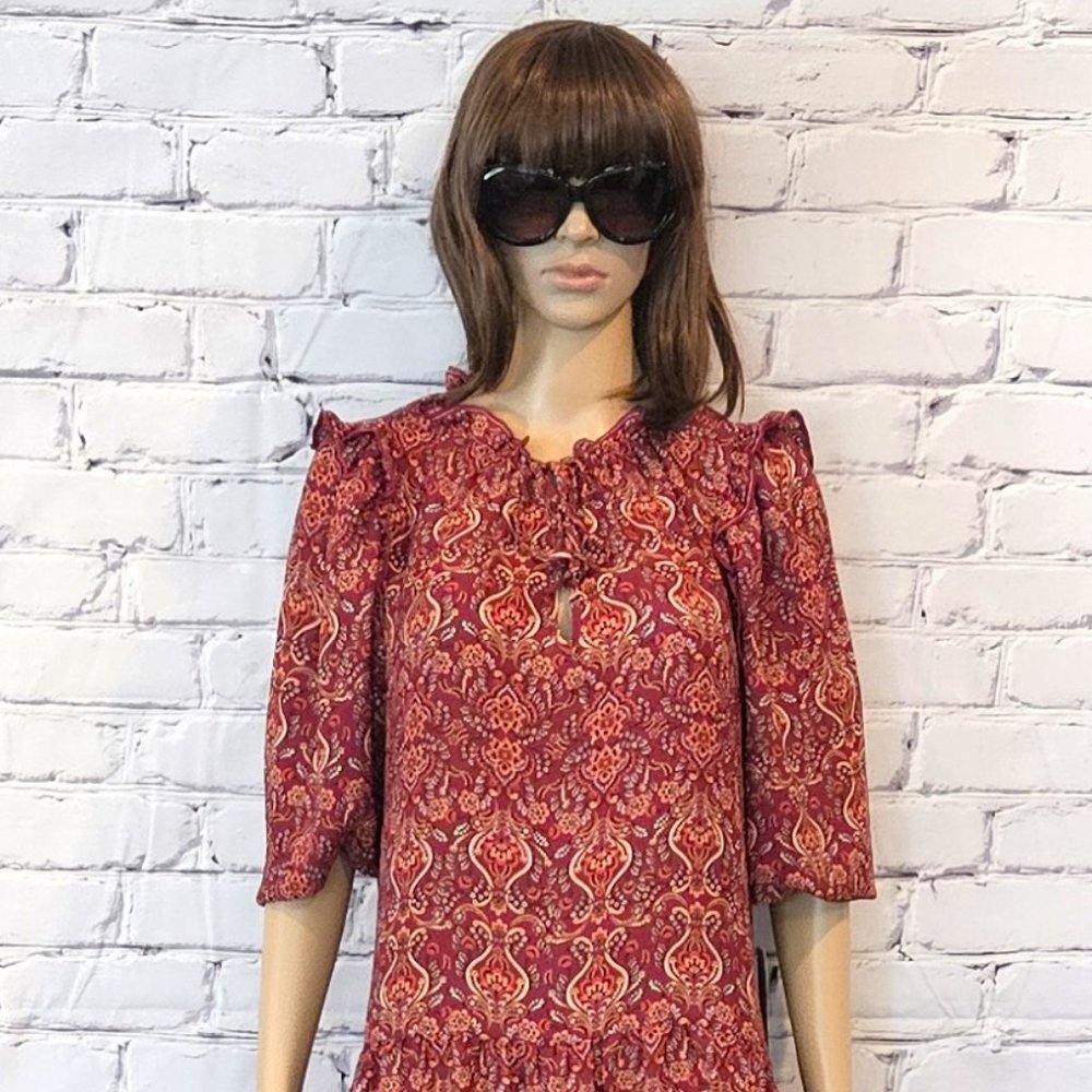 NWT!!! MAX STUDIO, Boho burgundy long sleeve floral pattern dress, size: large - Picture 8 of 15